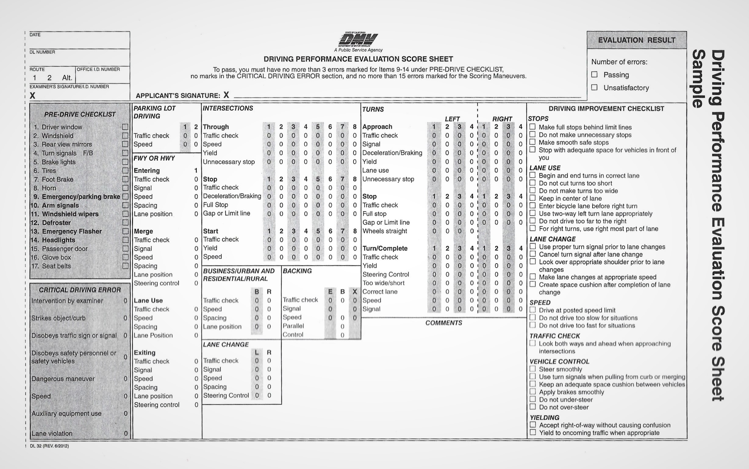 Driving Performance Evaluation Score Sheet - DMV California